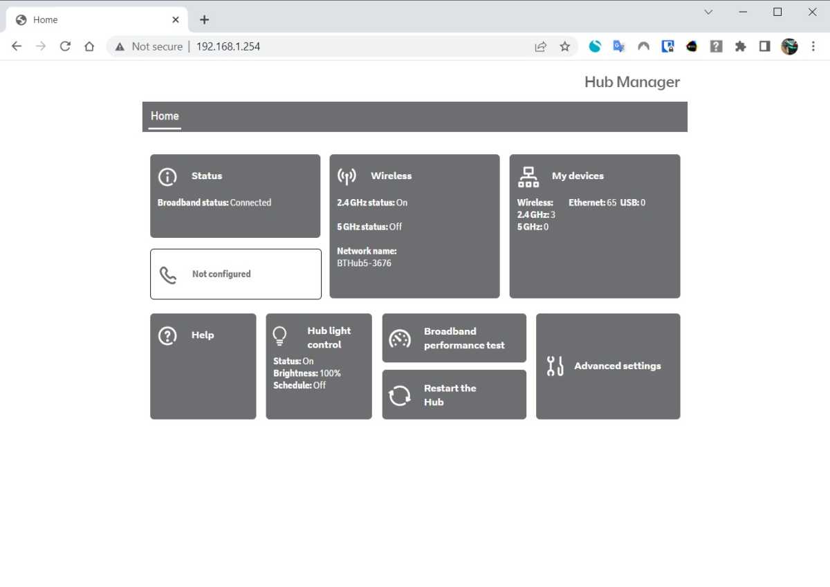 Router settings in browser BT Smart Hub