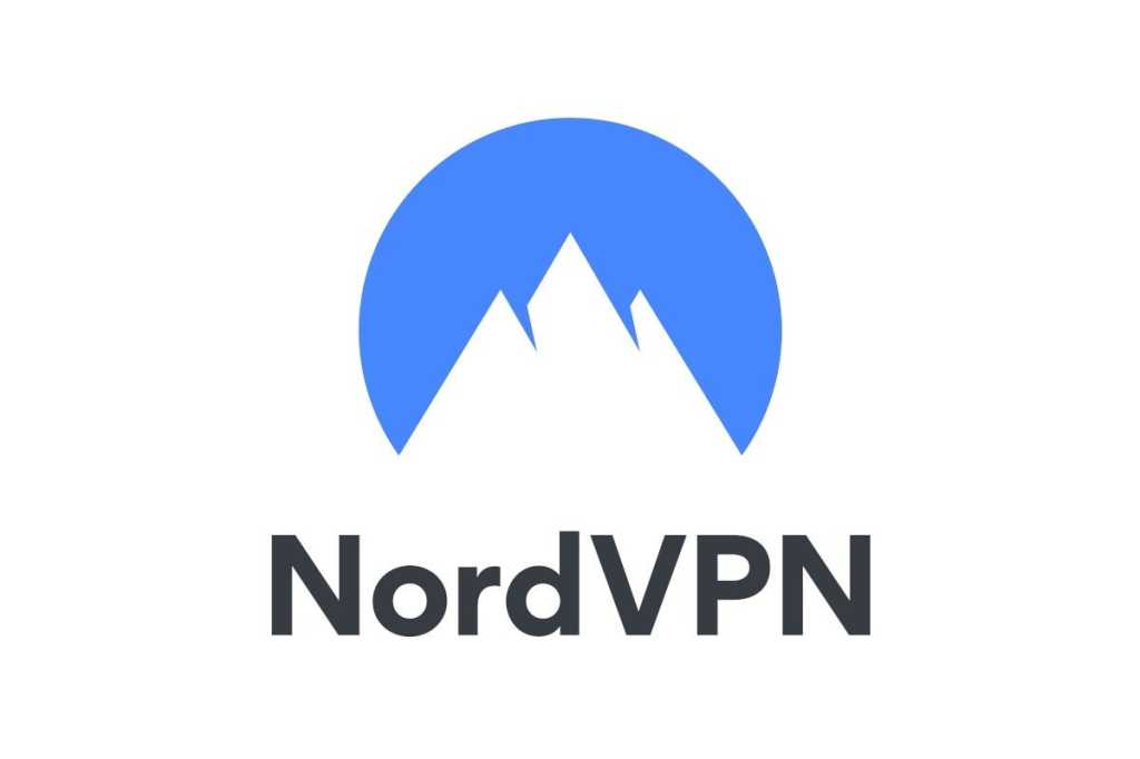 NordVPN logo a mountain peak with a solid blue circular background and "NordVPN" in bold, black type.