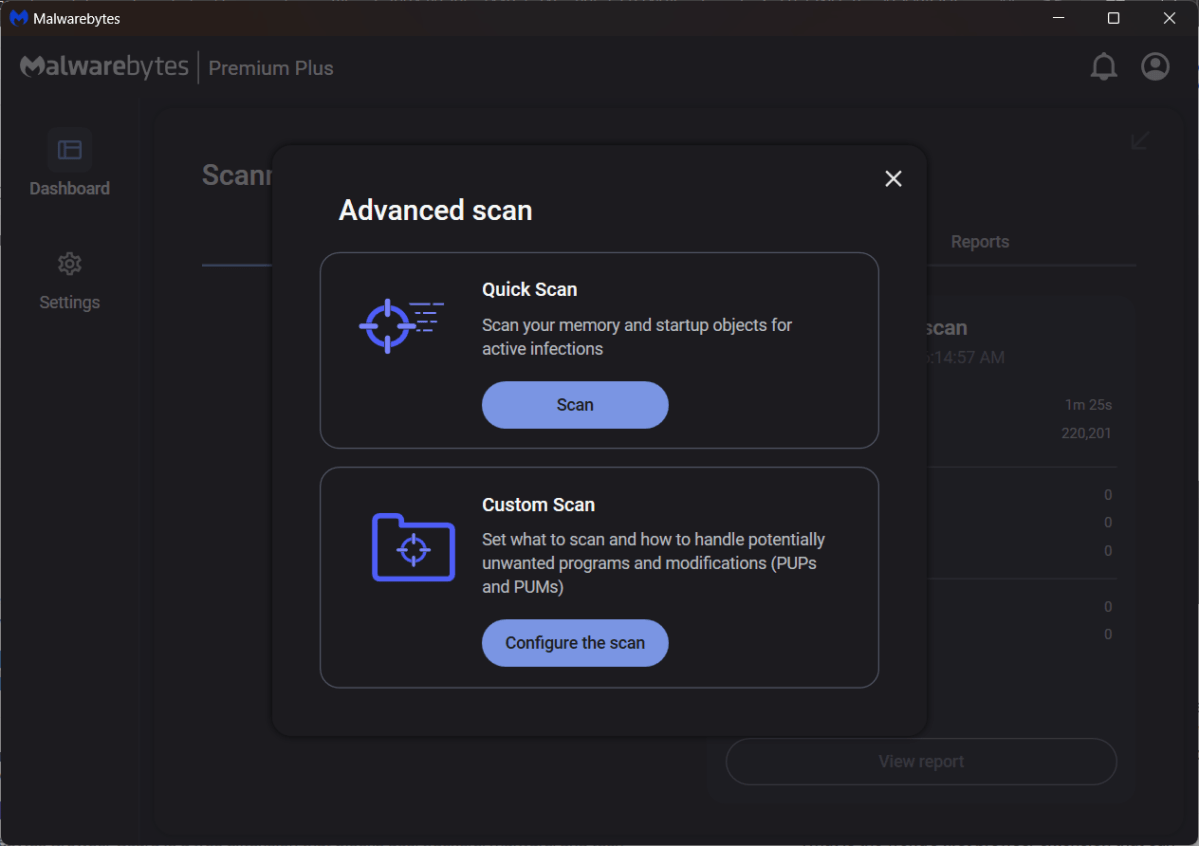 Malwarebytes Advanced Scan options (June 2024)