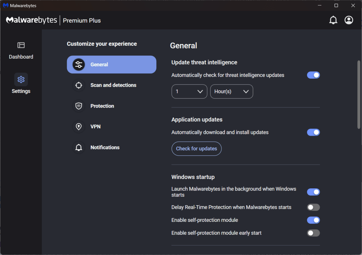 Malwarebytes General Settings screen (June 2024)