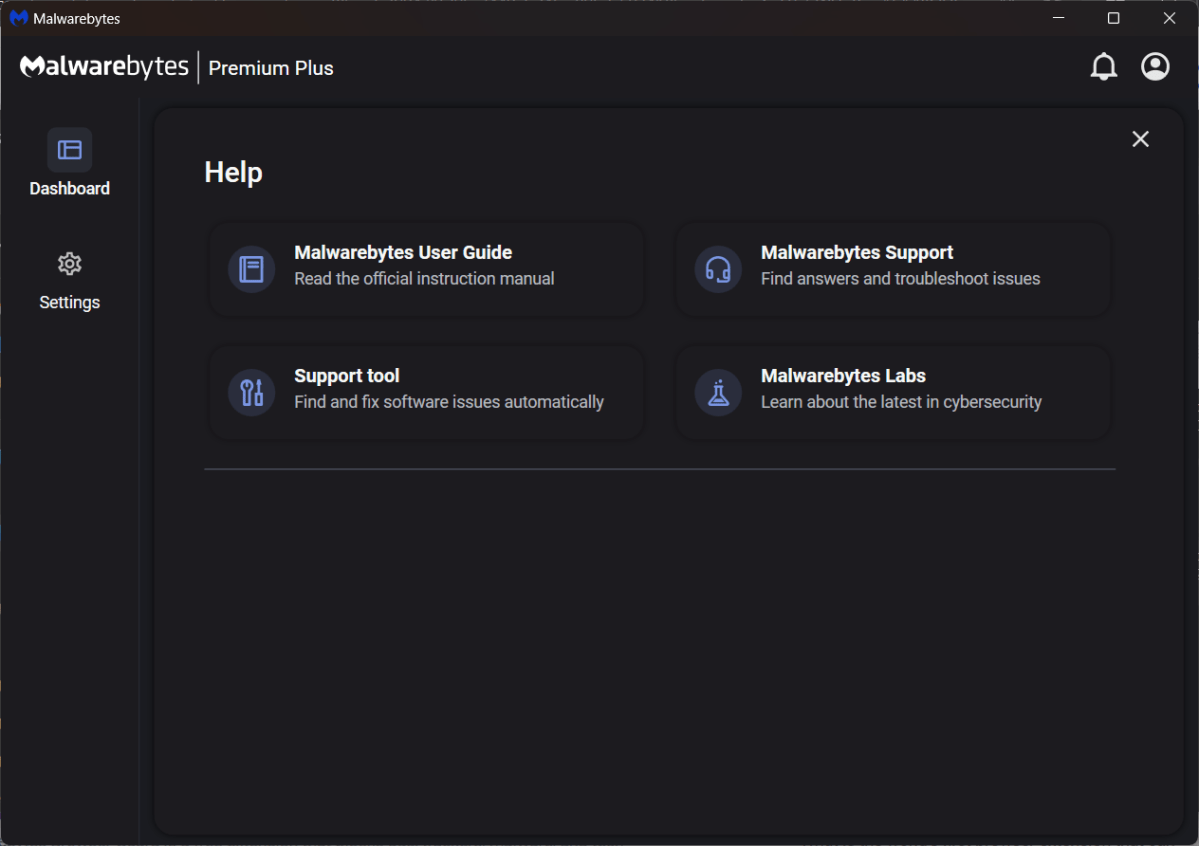 Malwarebytes help options in-app (June 2024)