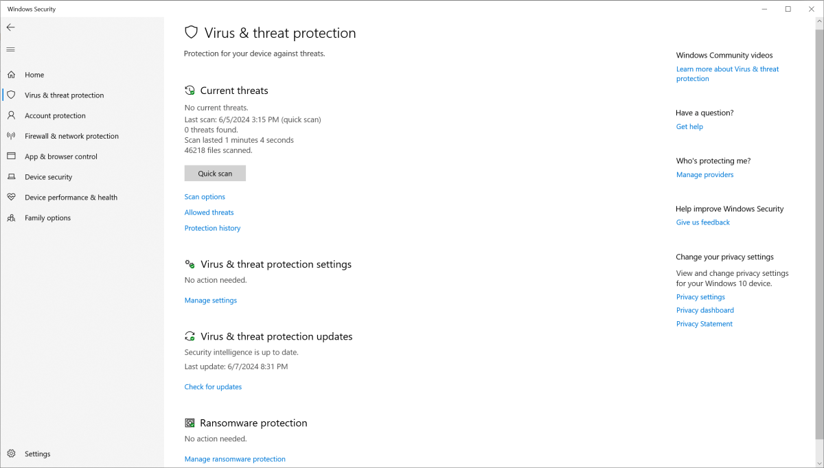 Windows Security Virus & Threat Protection screen